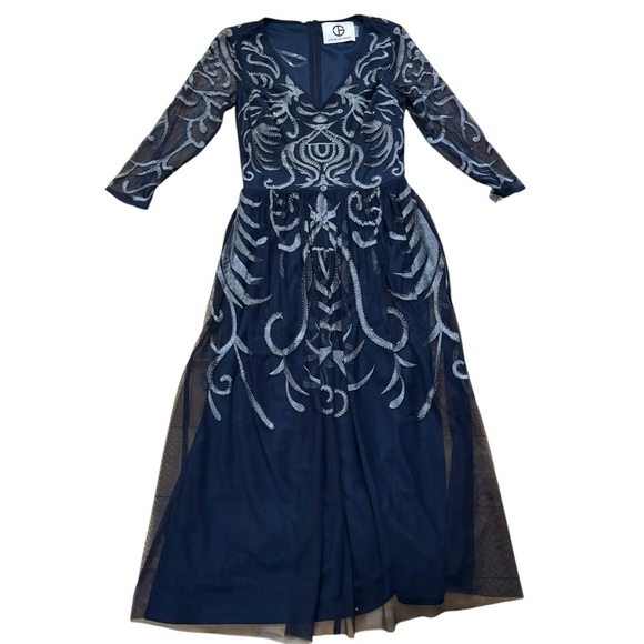 JS Collections V-NECK BEADED EMBROIDERED GOWN Size 2 New With Tag Navy Blue - Picture 2 of 8